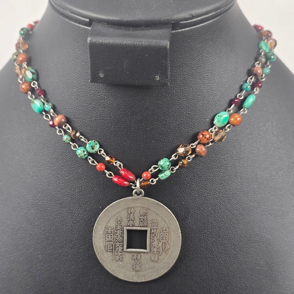 Cool Triple Strand Necklace Chinese Medallion Turquoise Blue & Red Beads 16"